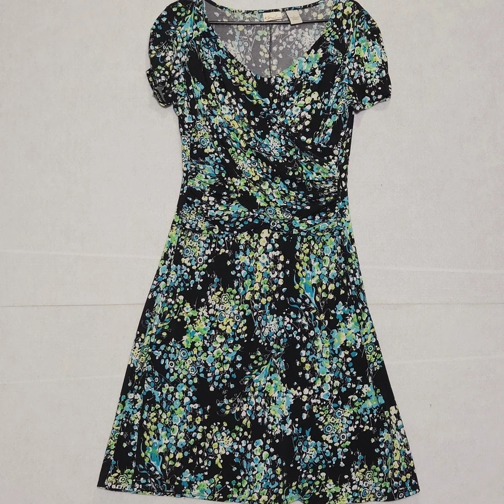 Kim‎ Rogers Womens Floral Faux Empire Waist Dress Black Blue Green Medium